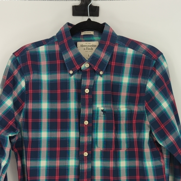 Abercrombie Fitch Plaid Button Down Shirt Blue Red L western rustic classic prep - Picture 3 of 6